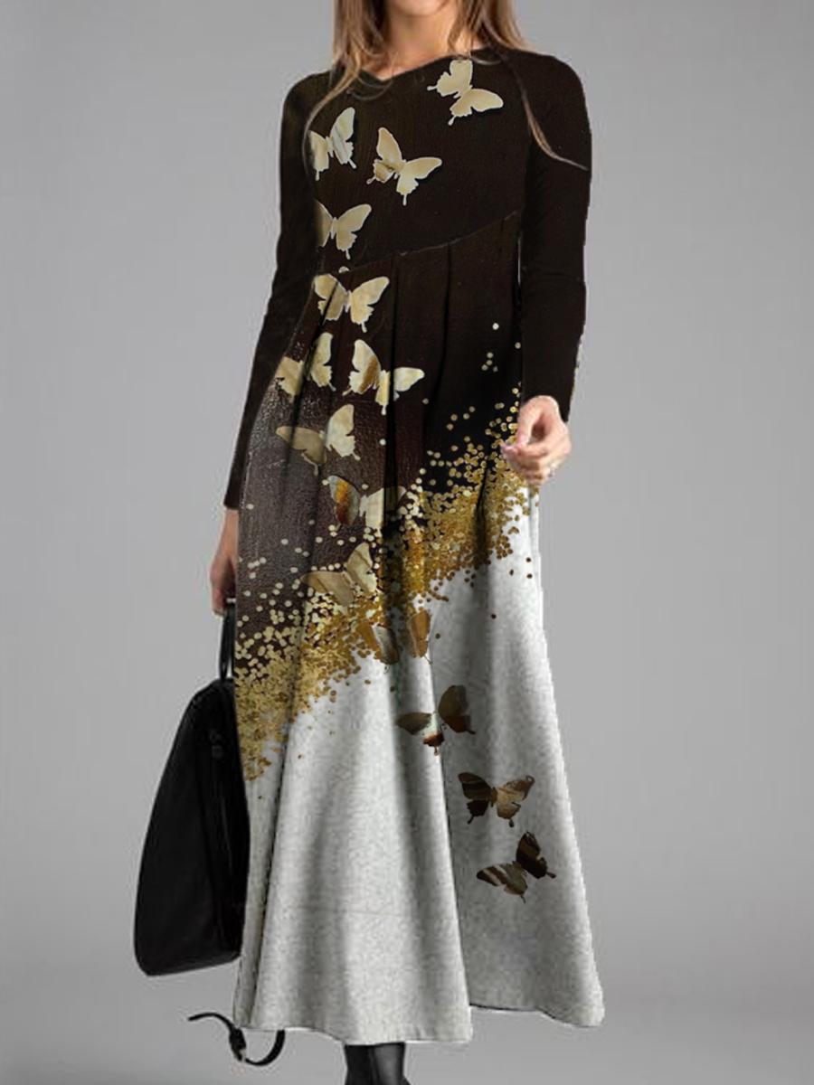 Casual Butterfly Print Casual Long-sleeved Maxi Dress Women