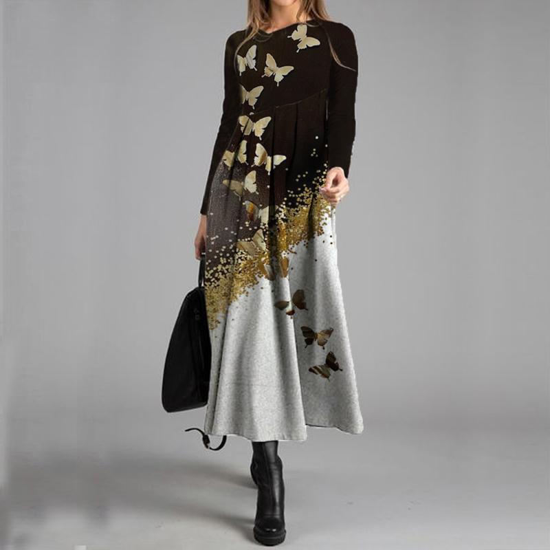 Casual Butterfly Print Casual Long-sleeved Maxi Dress Women