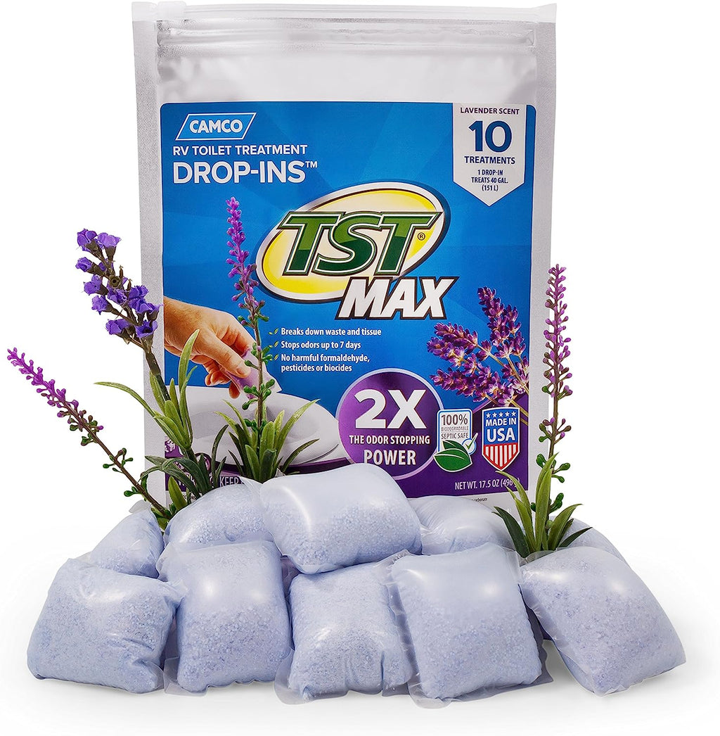 Camco TST MAX RV Toilet Treatment Drop-INs | Control Unwanted Odors and Break Down Waste and Tissue | Septic Tank Safe | Lavender Scent | 10-pack (41556)