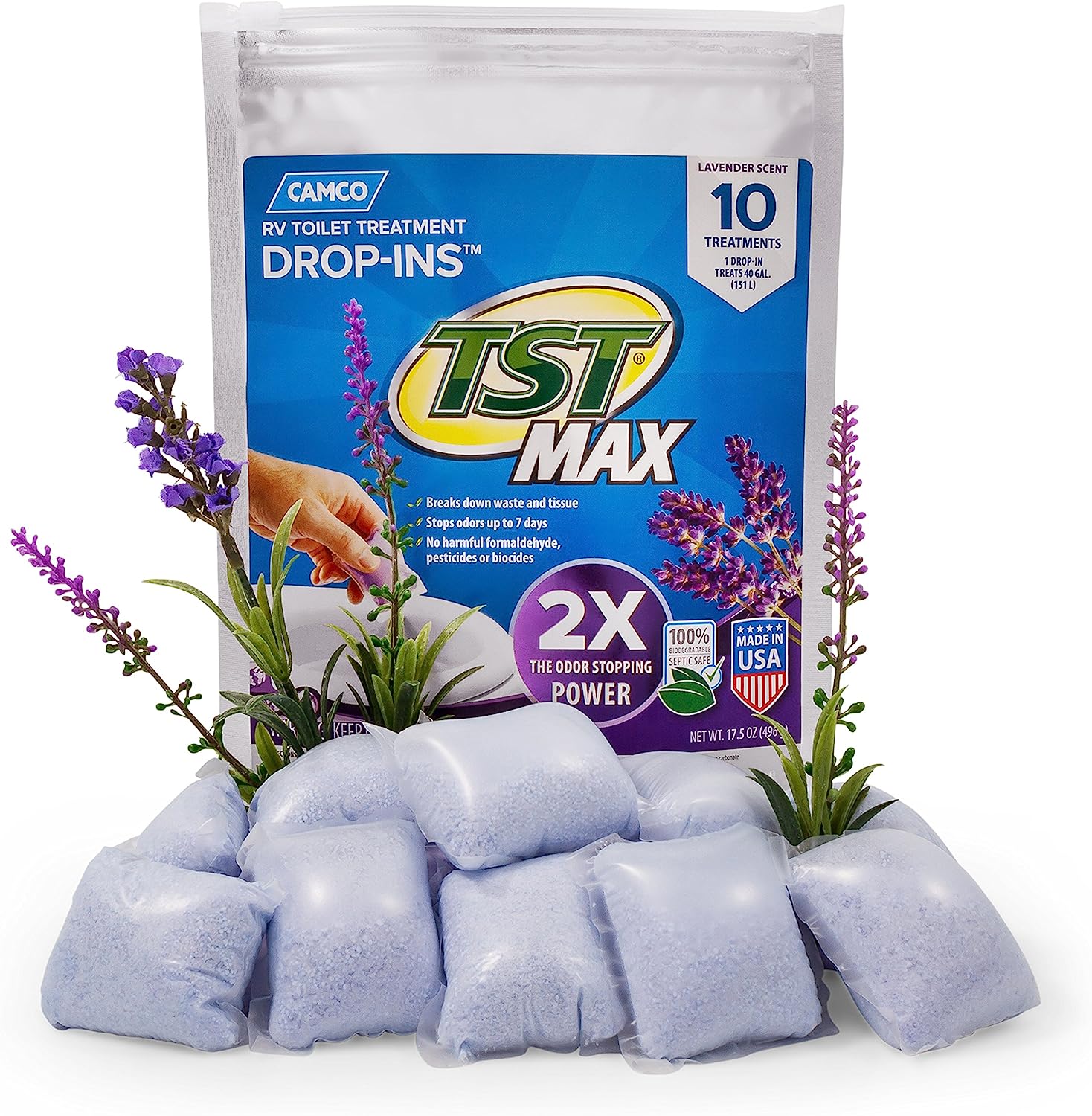 Camco TST MAX RV Toilet Treatment Drop-INs | Control Unwanted Odors and Break Down Waste and Tissue | Septic Tank Safe | Lavender Scent | 10-pack (41556)