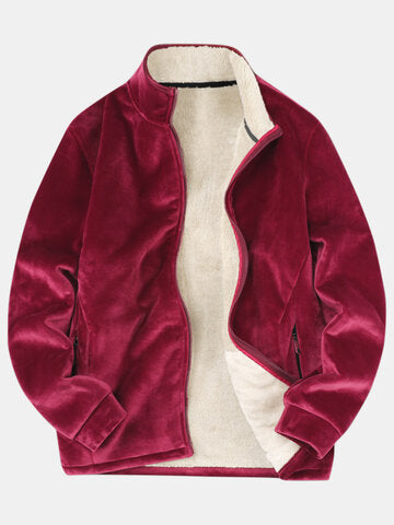 mens thicken fleece lined velour stand collar solid warm overcoats with pocket