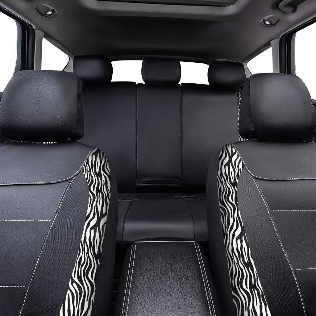 Flying Banner car seat Covers Protects Zebra Printing Velvet Faux Leather Carbon Fiber Front and Rear Bench Full Set (Zebra Black, Full Set - 8PCS)