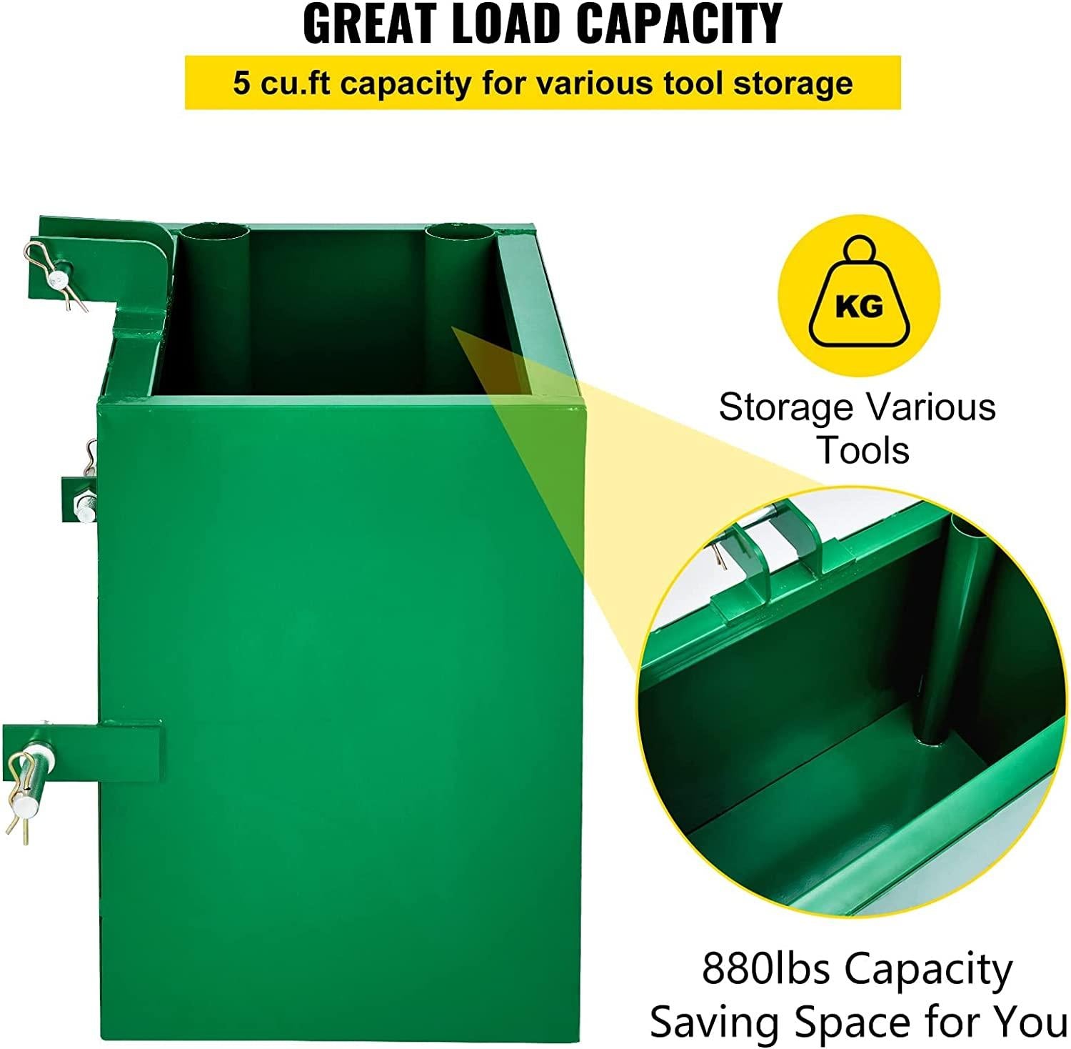 BestEquip 3 Point Ballast Box, 800lbs Capacity Hitch Ballast Box, Standard 2'' Hitch Receiver, Tractor Ballast Box with 5cu.ft Volume, Heavy Duty Steel, Fits Category 1 Tractor Attachment,Green