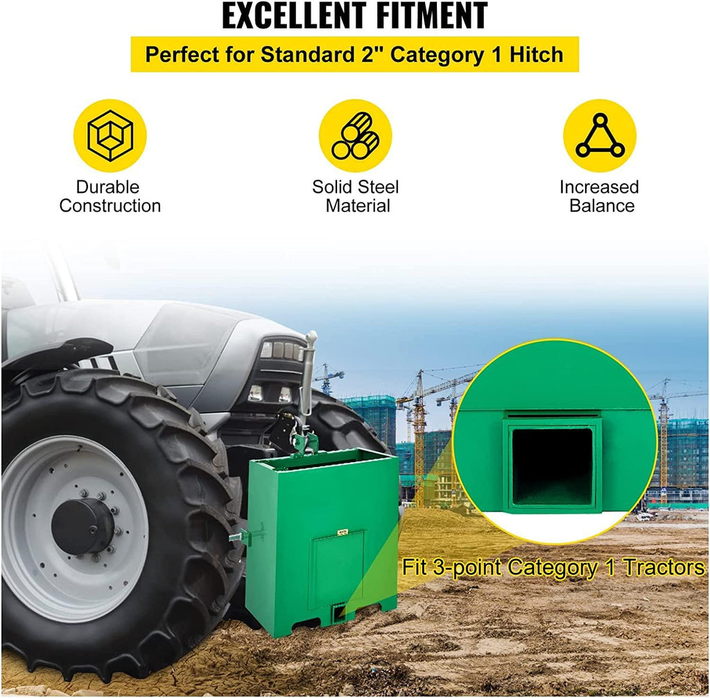BestEquip 3 Point Ballast Box, 800lbs Capacity Hitch Ballast Box, Standard 2'' Hitch Receiver, Tractor Ballast Box with 5cu.ft Volume, Heavy Duty Steel, Fits Category 1 Tractor Attachment,Green