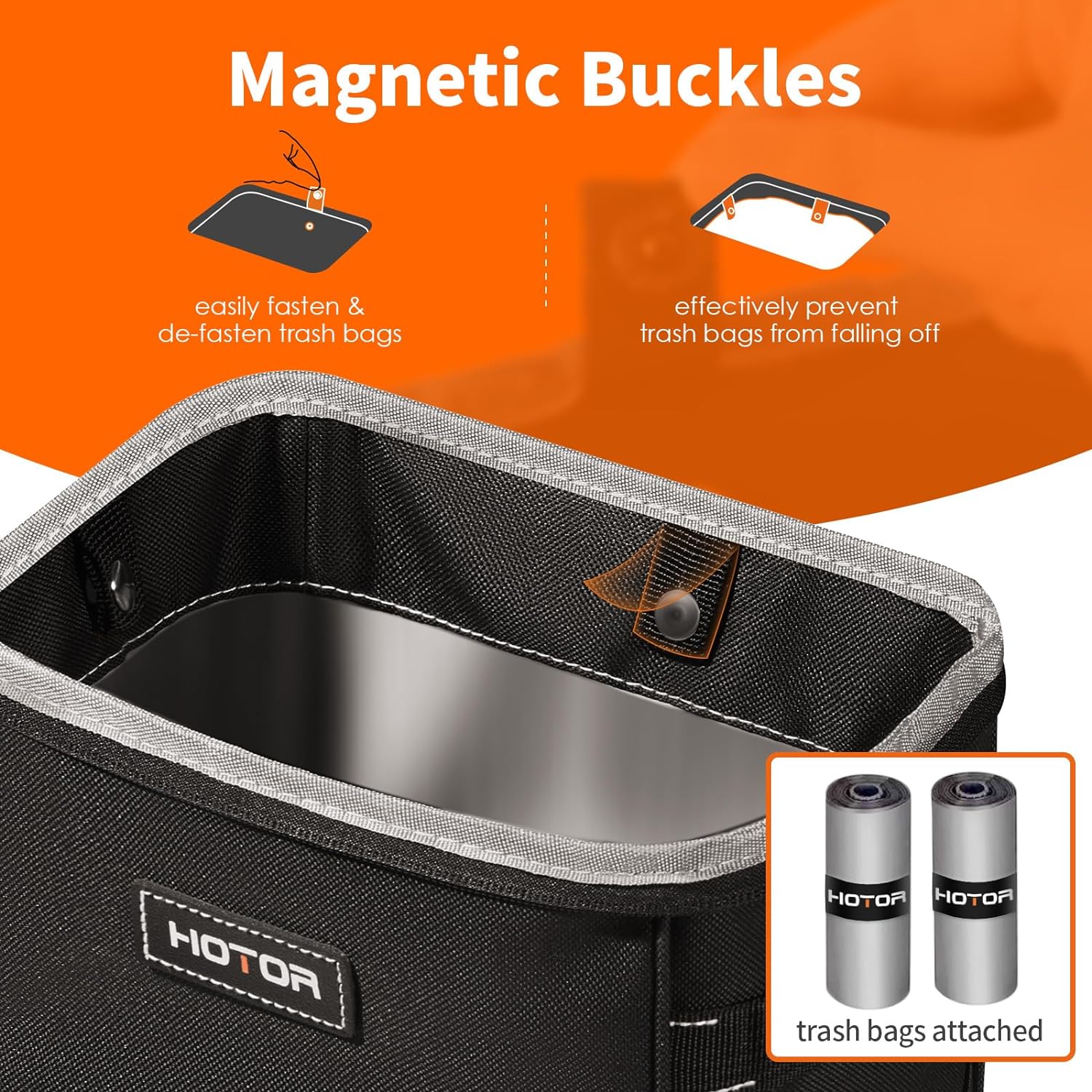 HOTOR Car Trash Can - 2 Pack, Optimal Car Accessories for Interior, Leakproof Car Organizers and Storage Bin for Front &amp; Rear Seats, Car Organizer with Adjustable Straps, Magnetic Snaps,Black