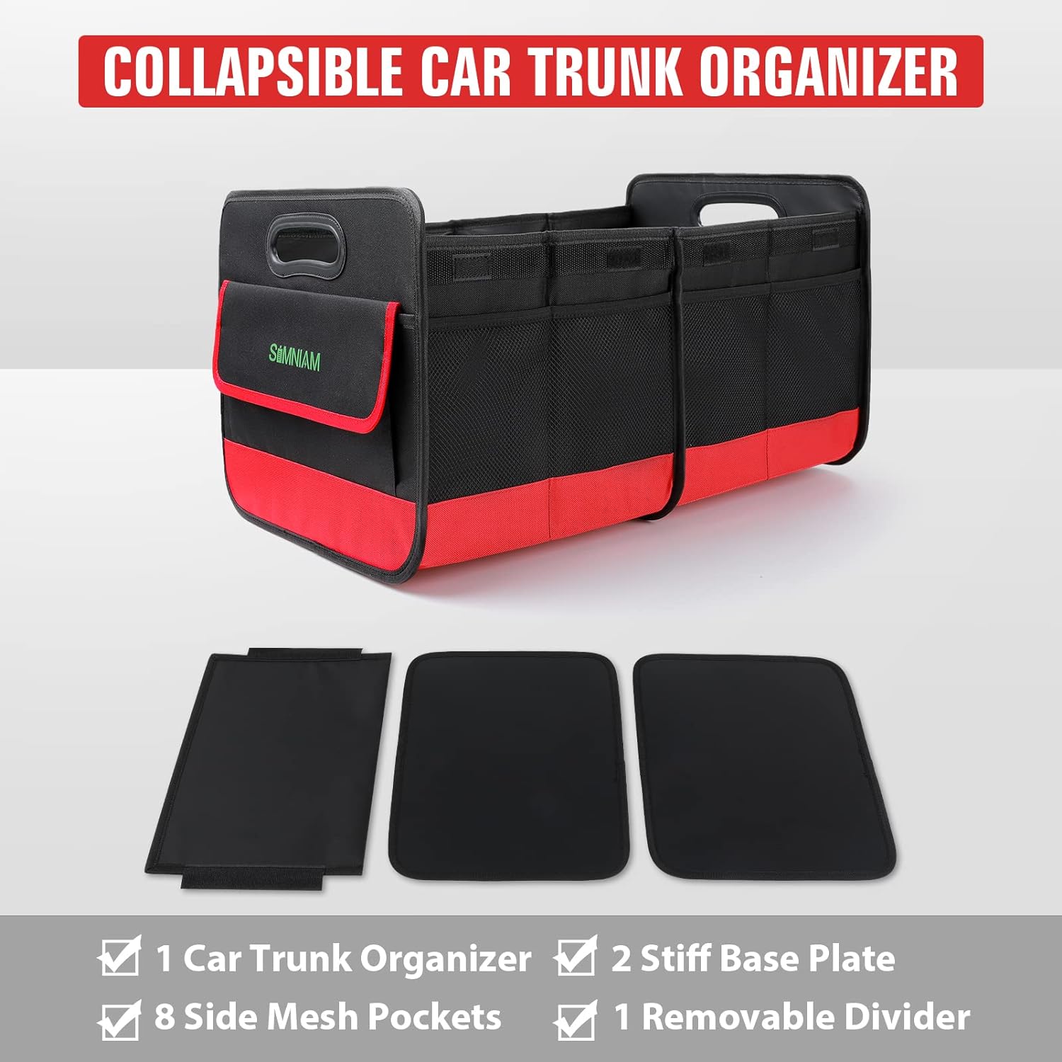 Simniam Collapsible Car Trunk Organize with 3 Removable Dividers, Trunk Organizer Fits Most Car, SUVs, Truck, or Minivan (2 Compartments, Red)