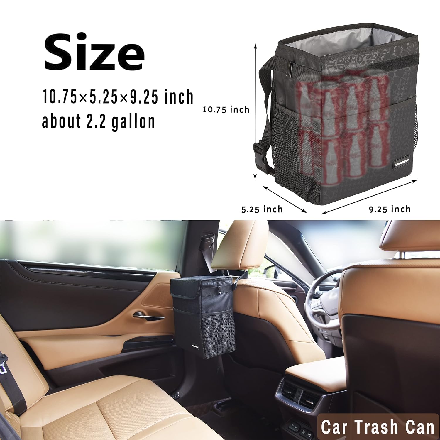 SIBOFUEGO Cute Car Trash Can with Lid - Leak Proof Bag Hanging Waterproof Garbage Storage Pockets Multipurpose Collapsible Organizer (Black Leopard)