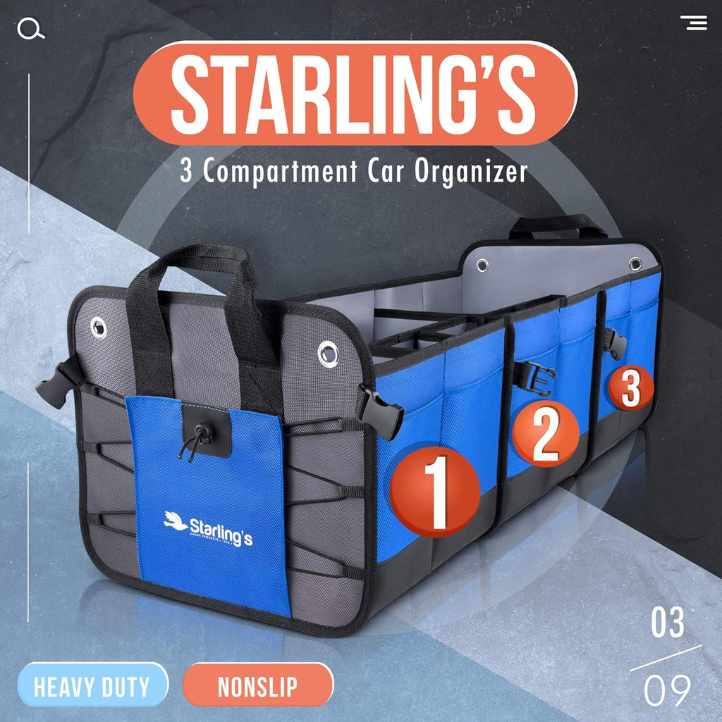 Starling's Car Trunk Organizer - Durable Storage SUV Cargo Organizer Adjustable (Blue, 3 Compartments)