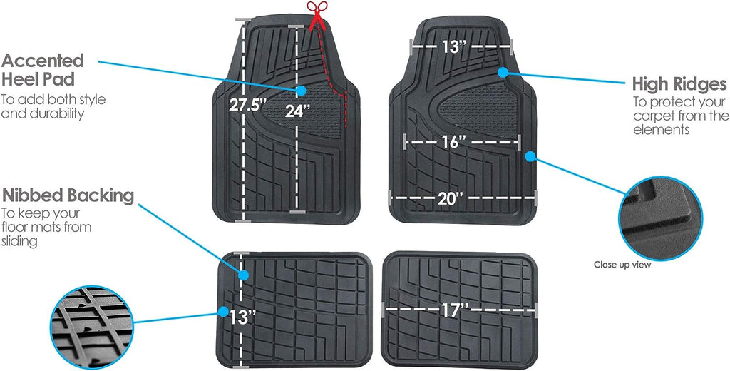 FH Group Automotive Floor Mats - Heavy-Duty Rubber Floor Mats for Cars, Universal Fit Full Set, Climaproof &amp; Trimmable Floor Mats for Most Sedan, SUV, Truck, Black