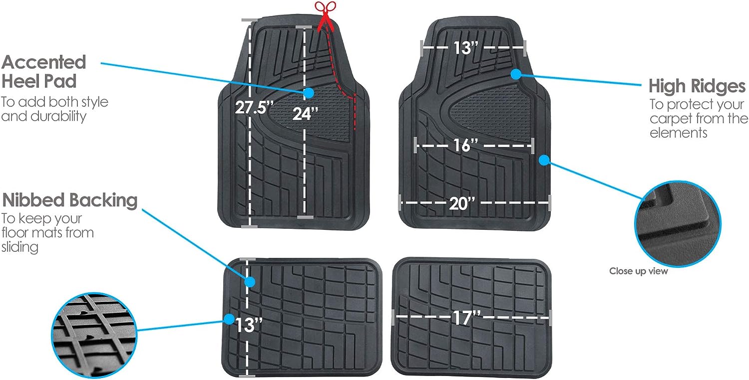 FH Group Automotive Floor Mats - Heavy-Duty Rubber Floor Mats for Cars, Universal Fit Full Set, Climaproof &amp; Trimmable Floor Mats for Most Sedan, SUV, Truck, Black