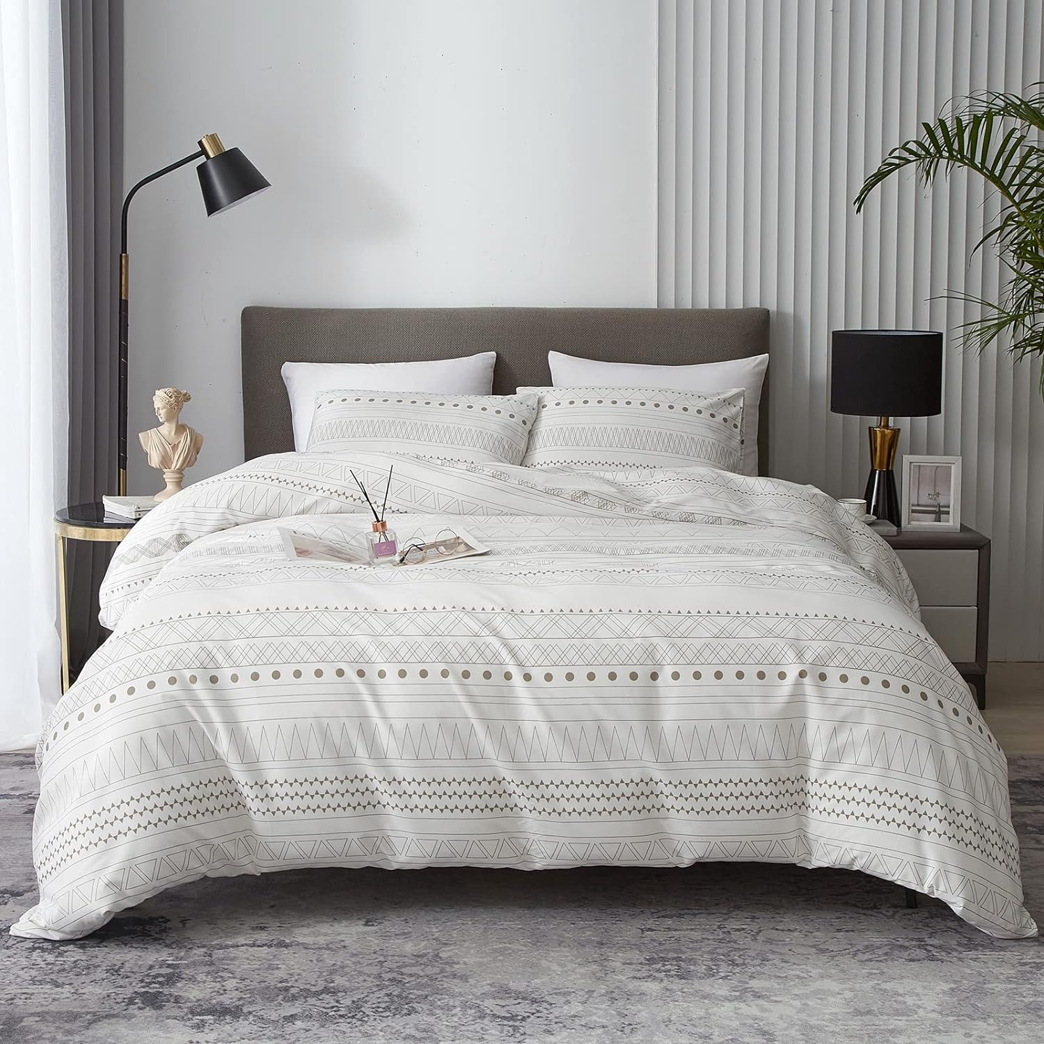 HYPREST Boho Duvet Cover King Size - Soft Boho Aztec White Duvet Cover with Taupe Waves and Traingles Lightweight, Oeko-TEX Certificated (No Comforter)