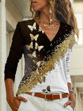 Fashion Butterfly Print V-neck Long Sleeve T-shirt Women