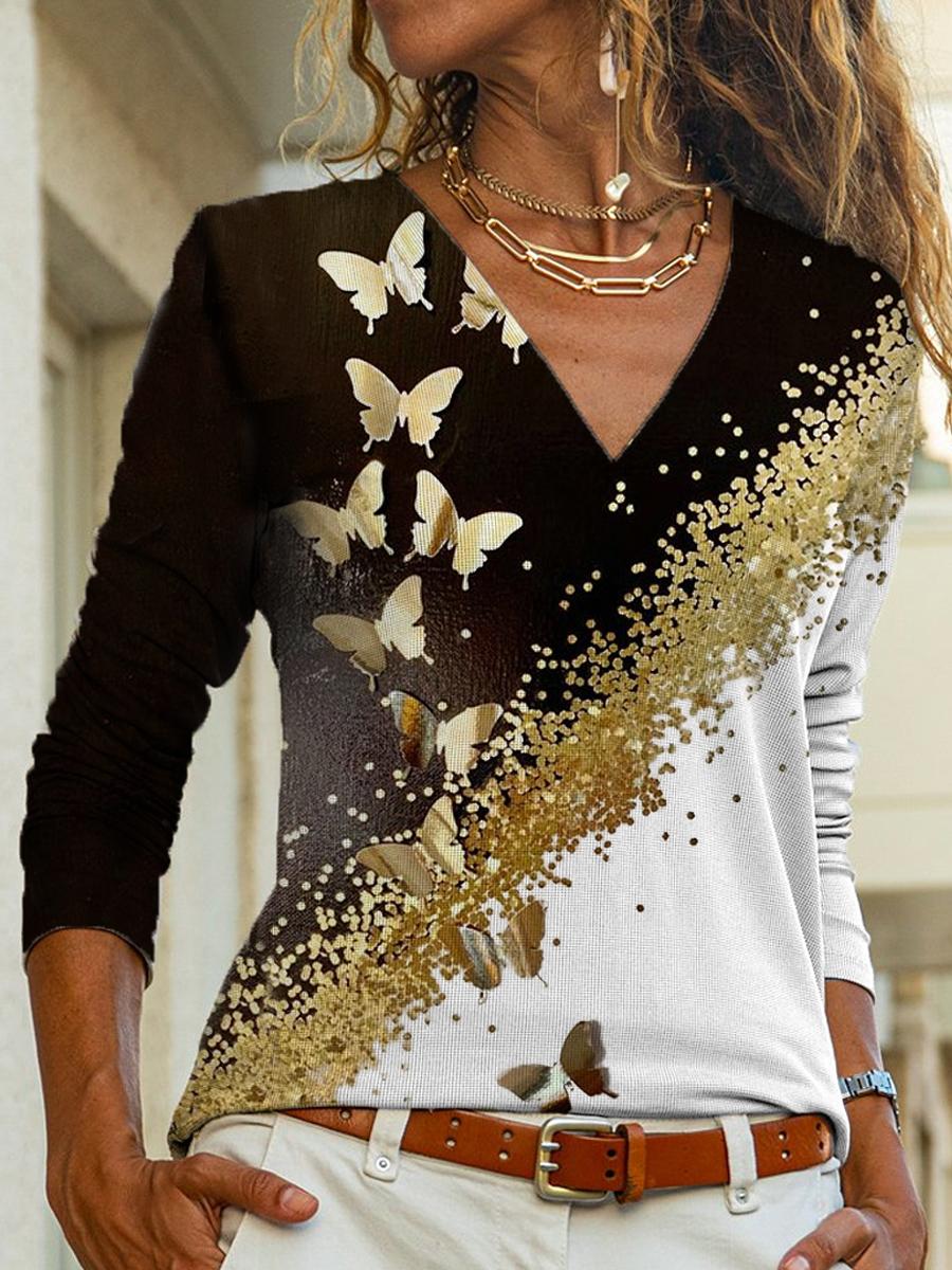 Fashion Butterfly Print V-neck Long Sleeve T-shirt Women