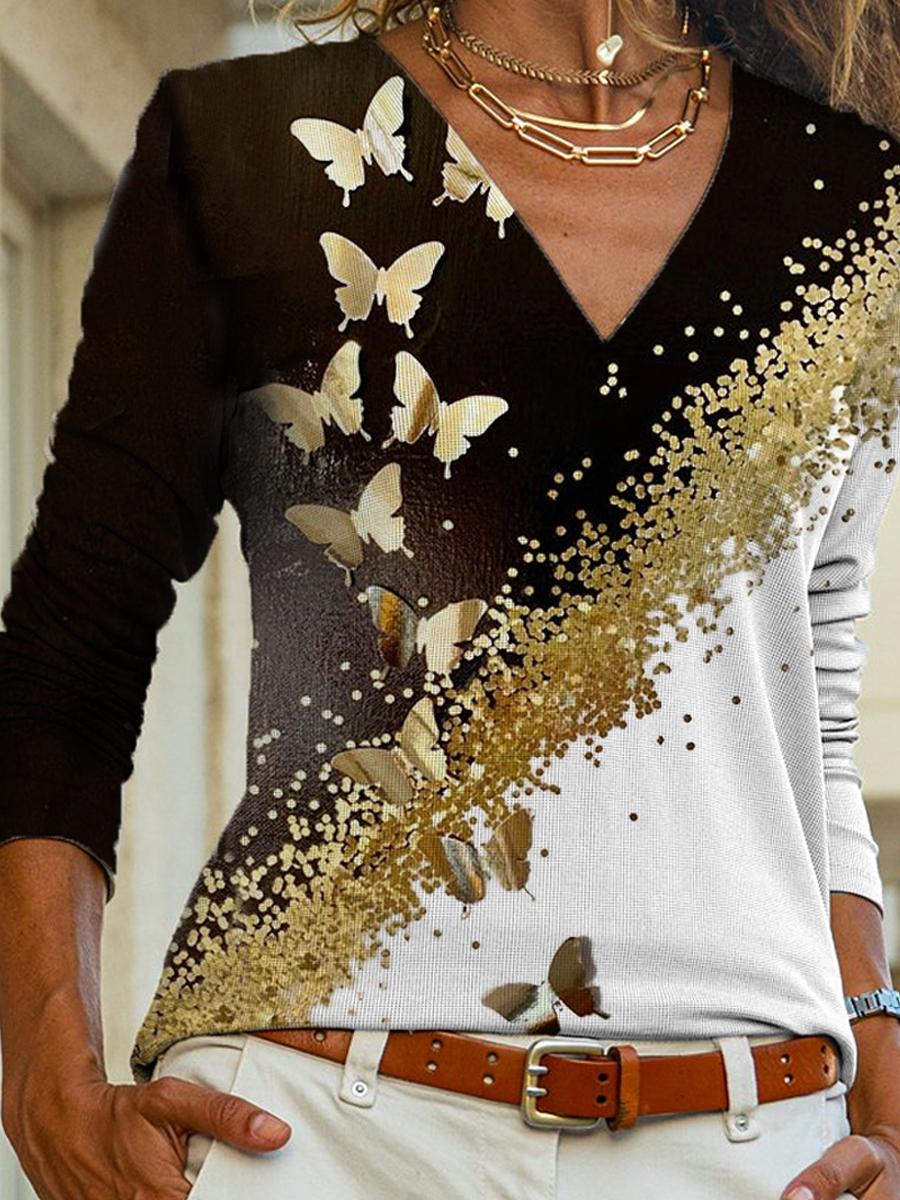 Fashion Butterfly Print V-neck Long Sleeve T-shirt Women