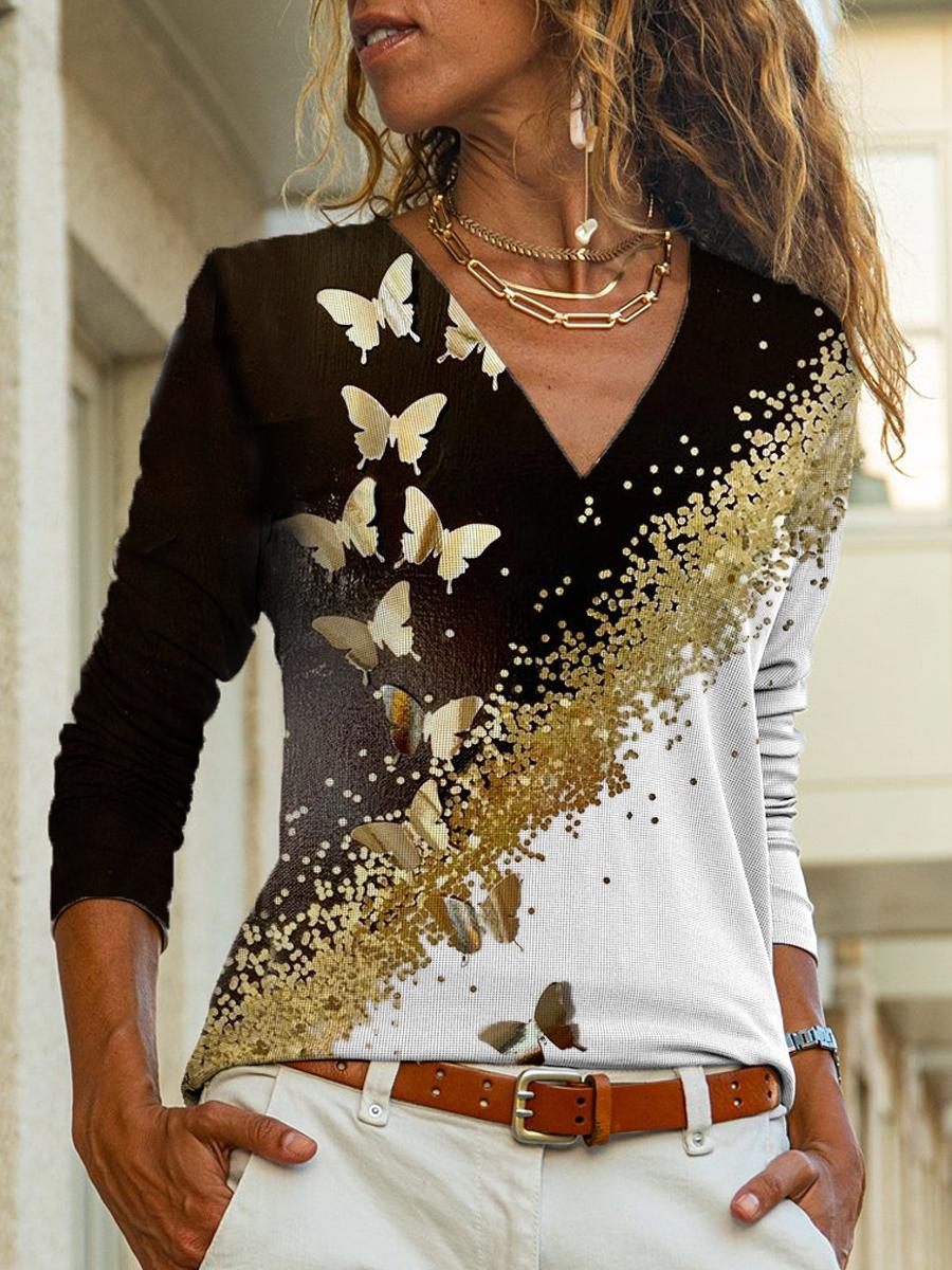 Fashion Butterfly Print V-neck Long Sleeve T-shirt Women