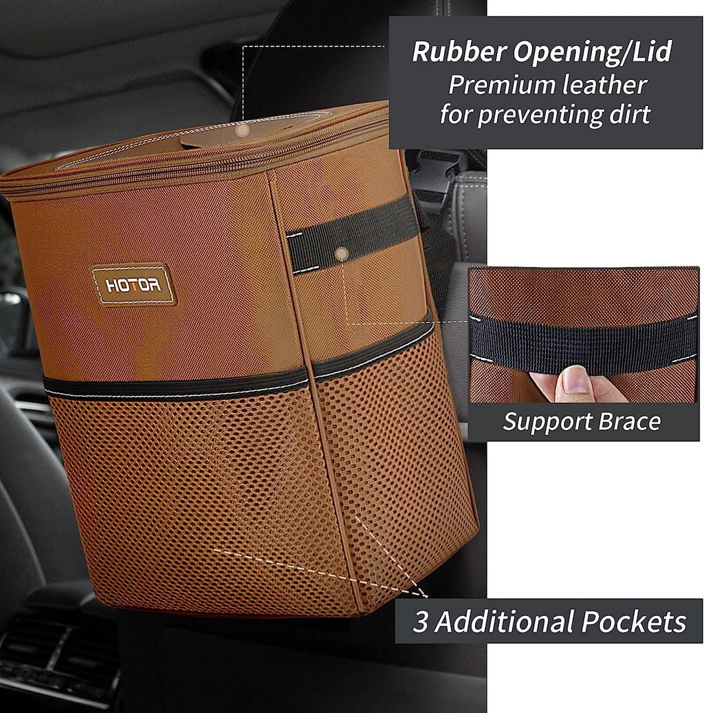 HOTOR Car Trash Can, Multifunctional Car Accessory for Interior Car Stuff Storage with Compact Design, Waterproof Car Organizer and Storage with Adjustable Straps, Magnetic Snaps (Brown)