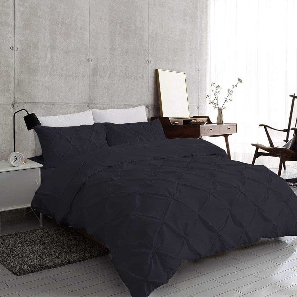 Pinch Pleated Duvet Cover 1 Piece Egyptian Cotton 800 Thread Count Box Pintuck with Zipper Closure &amp; Corner Ties Duvet Cover, Super King (116" x 98") Black Solid