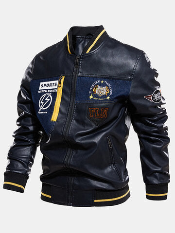 mens pu leather casual fleece lined thick varsity jacket with badges
