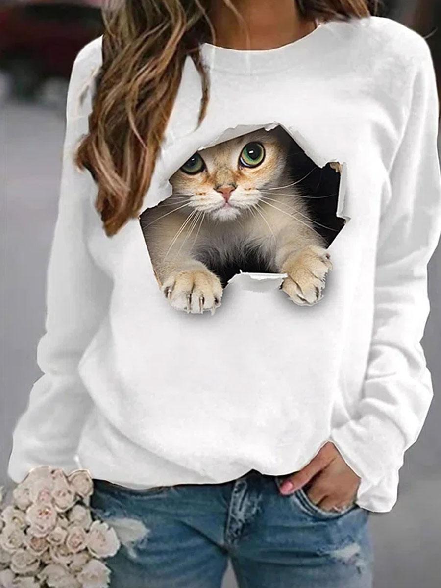 Round Neck Cat Print Casual Loose Pullover Sweatshirt