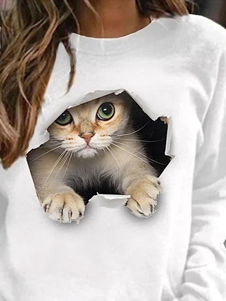 Round Neck Cat Print Casual Loose Pullover Sweatshirt
