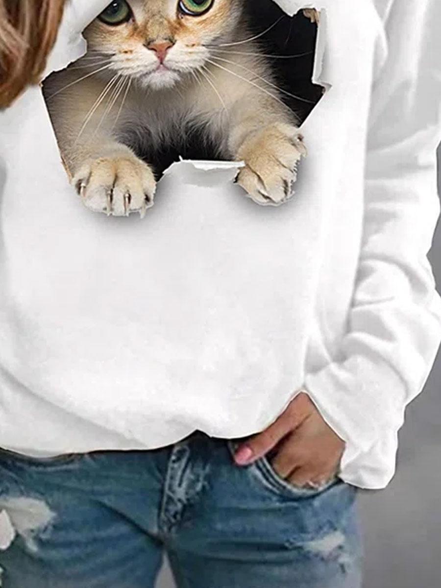 Round Neck Cat Print Casual Loose Pullover Sweatshirt