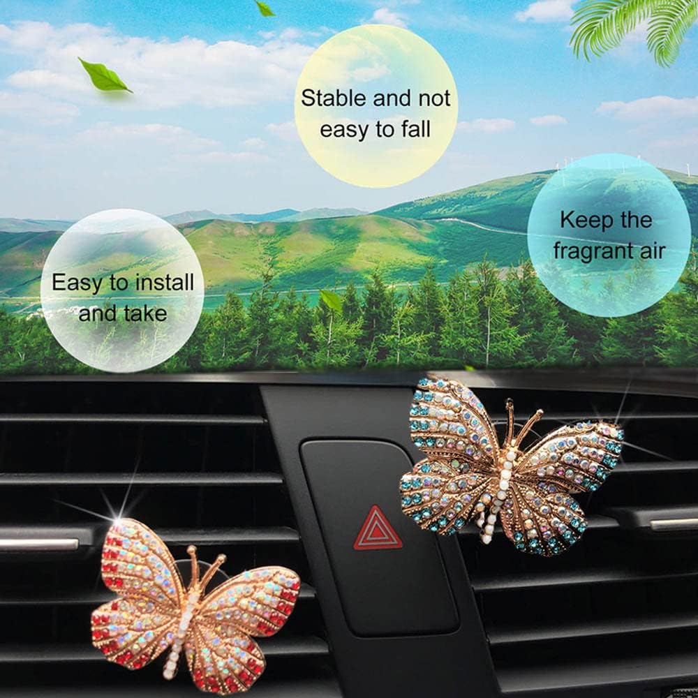 ZOSTLAND Rhinestone Car Decorative Clip,Car Air Fresheners,Metal Car Air Vent Clip,Personalized Automotive Interior Decoration Accessories,Car Decor Gift for women,Girl,man (2pcs Butterfly)