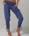 pure color high waist pockets casual lace up pants