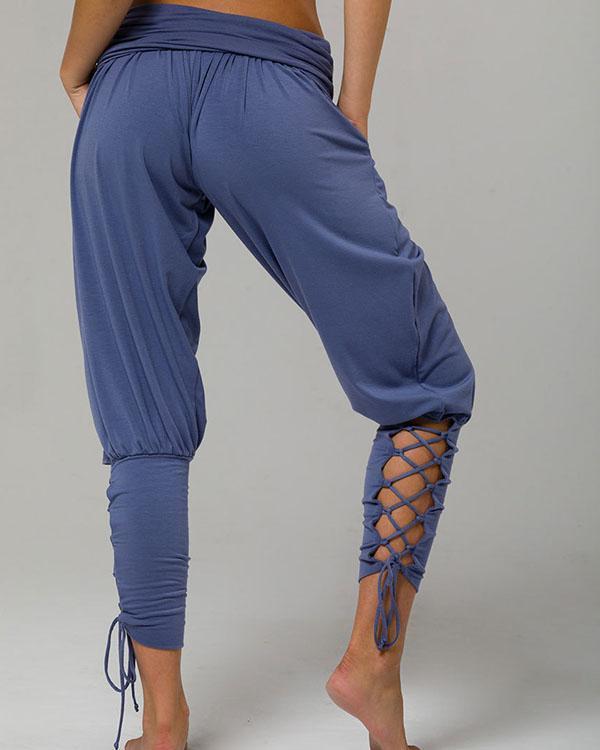 pure color high waist pockets casual lace up pants
