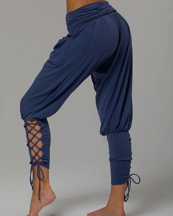 pure color high waist pockets casual lace up pants