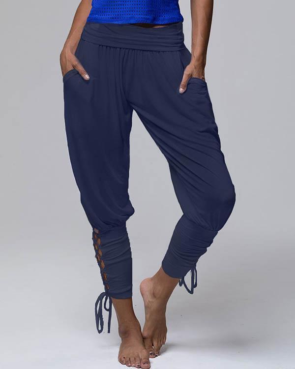 pure color high waist pockets casual lace up pants