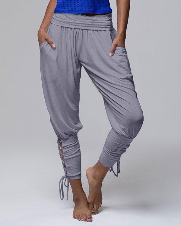 pure color high waist pockets casual lace up pants