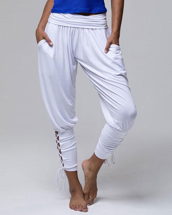 pure color high waist pockets casual lace up pants
