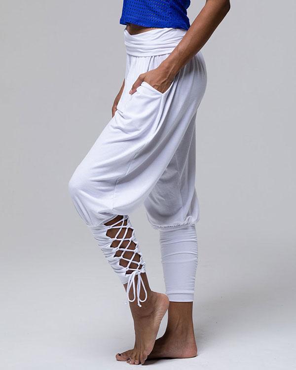 pure color high waist pockets casual lace up pants