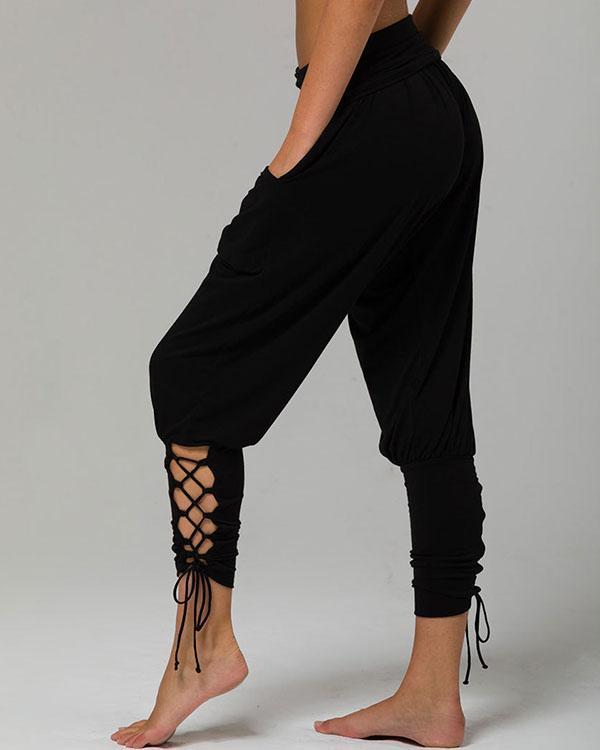 pure color high waist pockets casual lace up pants