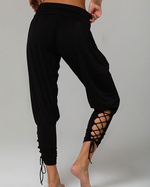 pure color high waist pockets casual lace up pants