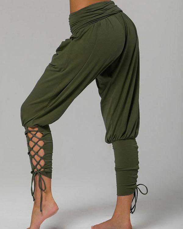 pure color high waist pockets casual lace up pants
