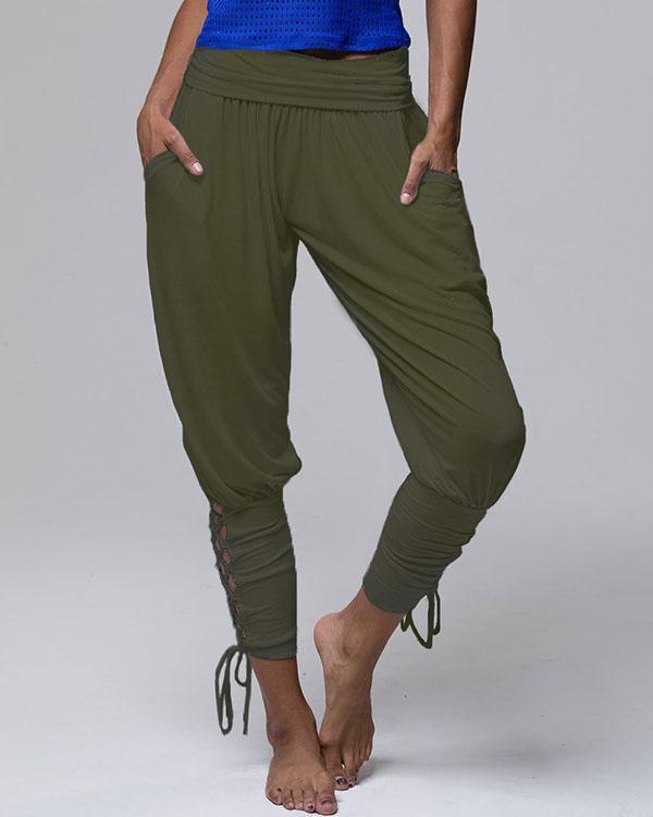 pure color high waist pockets casual lace up pants