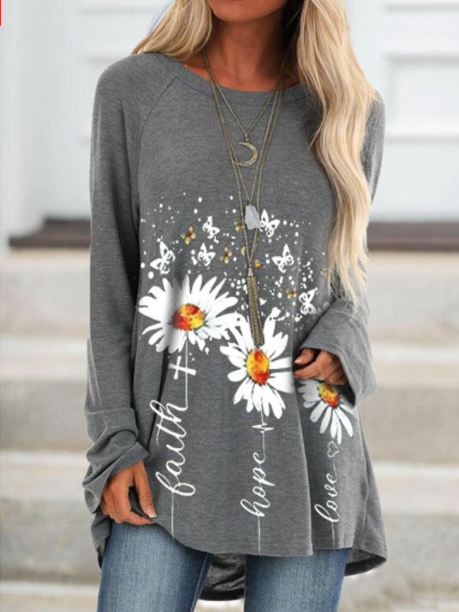 Womens Daisy Faith Print Crew Neck Casual Top