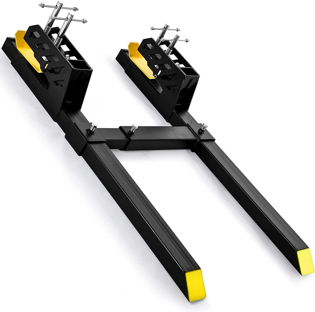 YITAMOTOR 60" Heavy Duty Clamp-on Pallet Forks with Yellow Tongue and Twin Screw , 4000lbs Capacity, Pallet Forks with Adjustable Stabilizer Bar for Tractor Bucket Loader Skid Steer