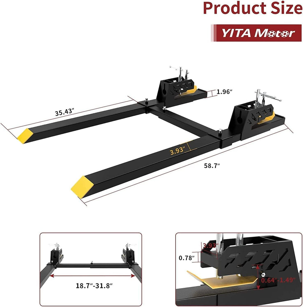 YITAMOTOR 60" Heavy Duty Clamp-on Pallet Forks with Yellow Tongue and Twin Screw , 4000lbs Capacity, Pallet Forks with Adjustable Stabilizer Bar for Tractor Bucket Loader Skid Steer