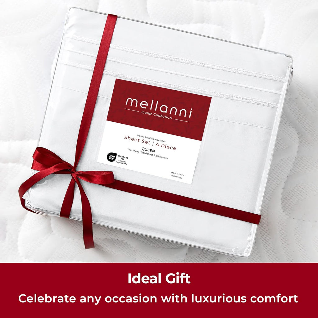 Mellanni Queen Sheet Set - 4 PC Iconic Collection Bedding Sheets &amp; Pillowcases - Hotel Luxury, Extra Soft, Cooling Bed Sheets - Deep Pocket up to 16" - Wrinkle, Fade, Stain Resistant (Queen, White)