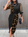 Fashion Leopard Print Color Block Midi Dress Women