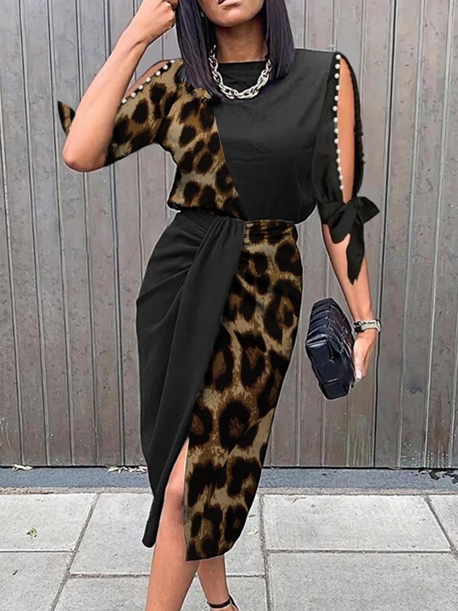 Fashion Leopard Print Color Block Midi Dress Women