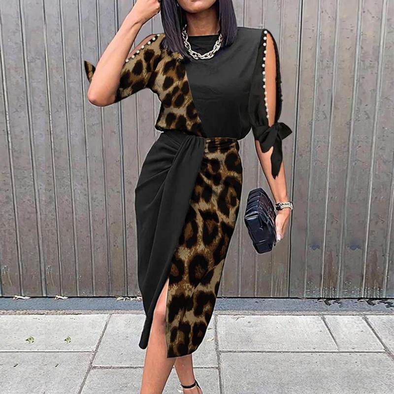 Fashion Leopard Print Color Block Midi Dress Women
