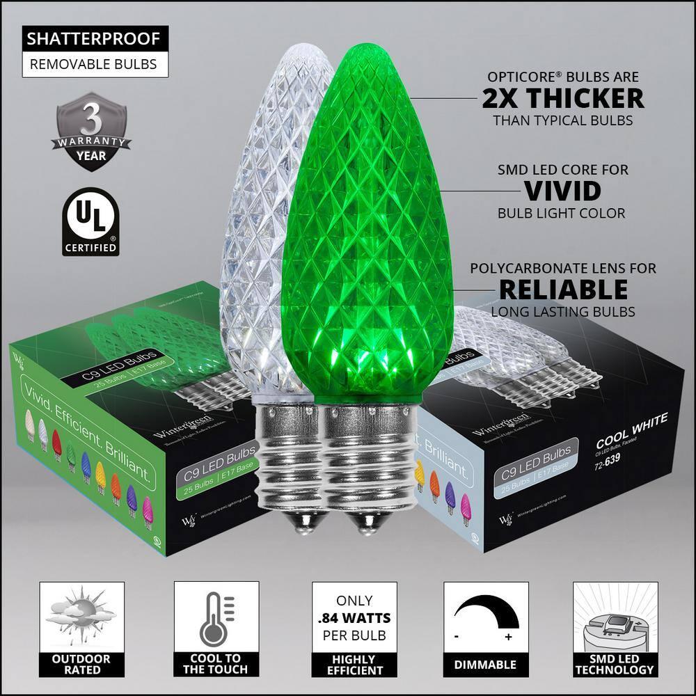 OptiCore 49 ft. 50-Light LED Green and Cool White Faceted C9 String Light Set