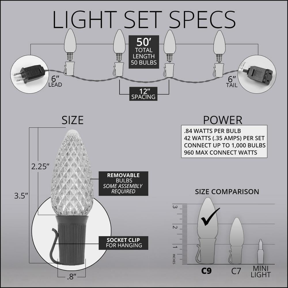 OptiCore 49 ft. 50-Light LED Green and Cool White Faceted C9 String Light Set