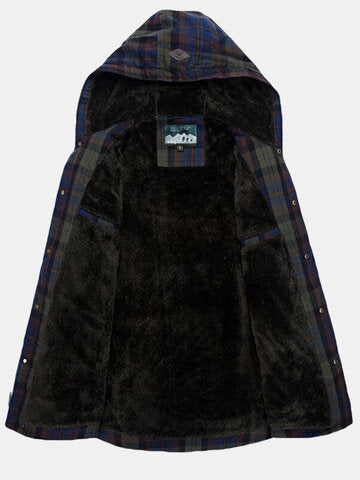 mens plaid 100% cotton plush lined thick snap button shirt hooded overcoats