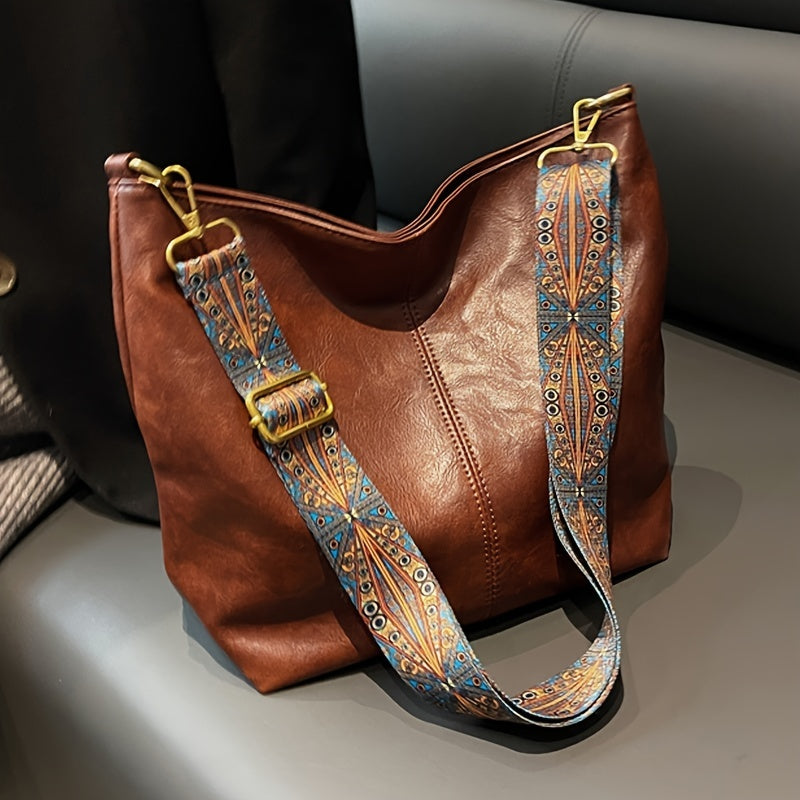 Geometric Strap Hobo Bag, LarCapacity Crossbody Bag, Women's Retro Style Shoulder Bag