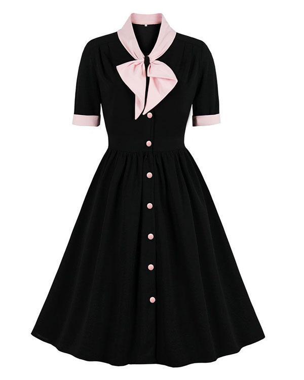 vintage contrast pink &amp; black elegant button midi dress a-line dress