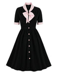 vintage contrast pink &amp; black elegant button midi dress a-line dress